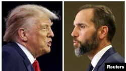 သမ္မတဟောင်းနဲ့လက်ရှိရွေးကောက်ခံသမ္မတ ထရမ့်နဲ့ သူ့ရဲ့ဒုတိယသက်တမ်းရှုံးနိမ့်ချိန်ရွေးကောက်ပွဲရလု်တွေကို စစ်ဆေးခဲ့တဲ့ တရားရေးဌာနက အထူးစုံစမ်းစစ်ဆေးရေးမှူး Jack Smith (ယာ) တို့ရဲ့ ယခင်မှတ်တမ်းဓာတ်ပုံ။