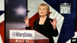 Hillary Clinton makes a point during a Democratic presidential primary debate, in Des Moines, Iowa, Nov. 14, 2015.