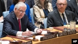 美国国务卿蒂勒森坐在联合国安理会秘书长古特雷斯旁边在安理会就朝鲜局势举行的会议上发言。（2017年4月28日）