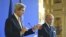 French Foreign Affairs Minister Laurent Fabius, right, U.S. Secretary of State John Kerry at joint press conference, Paris, March 7, 2015.