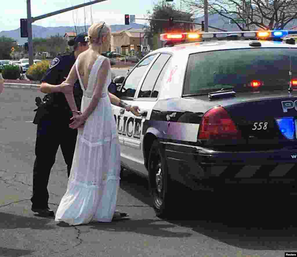 ប៉ូលិស​ម្នាក់​បាន​ចាប់​ខ្លួន​កូន​ក្រមុំ​ដែល​កំពុង​ចូល​រោង​ការដែល​បើក​បរ​​ប៉ះ​ជាមួយ​រថយន្ត​បី​ផ្សេង​ទៀត​ក្នុង​ទីក្រុង​ Marana រដ្ឋ Arizona កាលពី​ថ្ងៃទី​១២ មីនា ២០១៨។