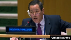 김성 유엔주재 북한대사가 지난 17일 유엔총회 전체회의에서 발언하고 있다.