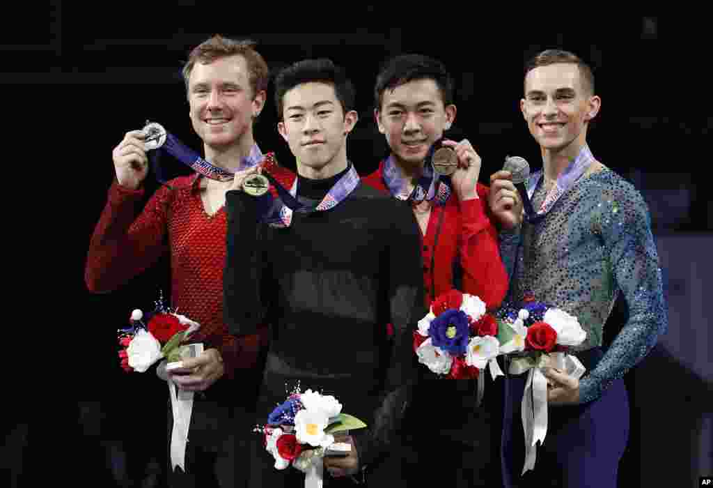 奥运会美国花样滑冰参赛选手（左起） Ross Miner ， 18岁的华裔美国人陈巍，17岁的华裔美国人周知方，Adam Rippon。 