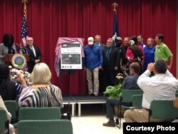 The two eaglets are officially named — Freedom and Liberty — at a ceremony at the U.S. National Arboretum in Washington, April 26, 2016. (J. Taboh/VOA)