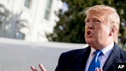 美国总统特朗普在白宫南草坪对记者讲话。(2019年11月8日)