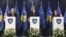 Kosovo's PM Hashim Thaci (C) U.S. Secretary of State Hillary Clinton (L) and High Representative for EU Foreign Policy Catherine Ashton (R) attend a joint news conference in Pristina, October 31, 2012. 