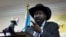 FILE - South Sudan's President Salva Kiir speaks to the media at a press conference in Juba, South Sudan.