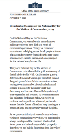 美国白宫11月7日发表特朗普总统在“全国共产主义受害者纪念日”的声明。