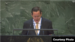 김성 유엔주재 북한 대사 9일 국제원자력기구(IAEA) 연례보고서를 주제로 열린 유엔총회 회의에서 발언하고 있다. United Nations.