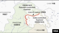 印度，巴基斯坦及有争议的克什米尔地理位置示意图