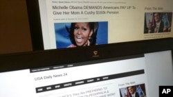 这张于2016年12月2日在巴黎拍摄的照片，显示了来自“美国每日新闻24”的文章，这是一个在马其顿韦莱斯注册的虚假新闻网站。