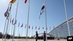 芬兰国旗升起在布鲁塞尔北约总部大厦前，与其他30个成员国的国旗一同飘扬。（2023年4月4日）