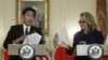 U.S. Secretary of State Hillary Clinton (R) and Japan's Foreign Minister Fumio Kishida hold a joint news conference after their meeting at the State Department in Washington, January 18, 2013.