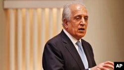FILE - Special Representative for Afghanistan Reconciliation Zalmay Khalilzad speaks on the prospects for peace, Feb. 8, 2019, at the U.S. Institute of Peace, in Washington.