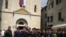Montenegro - Cossacks and bikers in leather jackets in front of the church of St. Nicholas in Kotor from Russia, pro-Russian part of Ukraine, Serbia and Montenegro, where they devoutly listened to the liturgy of Kotor Serbian Orthodox Church