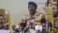 FILE - Chad's Defense Minister General Brahim Daoud Yaya speaks during a press conference at the Defense Ministry of in N'Djamena, May 6, 2021. 