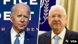  جو بایدن (چپ) رئیس جمهوری منتخب آمریکا و روون ریولین رئیس جمهوری اسرائیل