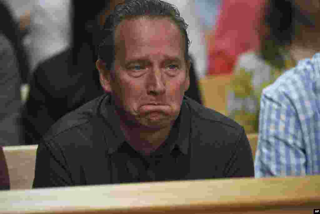 Frank Rzucek, the father of Shanann Watts, listens during Christopher Watts&#39; arraignment hearing at the Weld County Courthouse in Greeley, Colorado. Watts is charged with first-degree murder in the deaths of his pregnant wife, Shanann, four-year-old Bella and three-year-old Celeste.