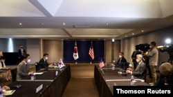U.S. Special Representative for North Korea, Sung Kim meets with Noh Kyu-duk, South Korea's Special Representative for Korean Peninsula Peace and Security Affairs during their meeting at Plaza Hotel, Aug. 23, 2021.