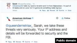 Tweet berisi ancaman dari seorang anak perempuan berusia 14 tahun kepada American Airlines.