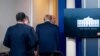 President Donald Trump is asked to leave the James Brady Press Briefing Room by a member of the U.S. Secret Service during a news conference at the White House, Aug. 10, 2020.