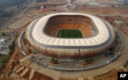 Soccer City Stadium in Johannesburg, South Africa, site of the 11 June opening ceremonies of the 2010 World Cup. The biggest stadium in Africa will launch the opening match of this year's World Cup tournament, featuring host South Africa against Mexico.