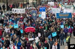 Anti-abortion demonstrators arrive on Capitol Hill in Washington, Jan. 27, 2017, during the March for Life. The march marks the anniversary of the 1973 Supreme Court decision legalizing abortion.