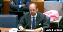 에이든 리들 영국 제네바주재 군축대사가 22일 뉴욕 유엔본부에서 열린 유엔총회 제1위원회 회의에서 발언하고 있다.