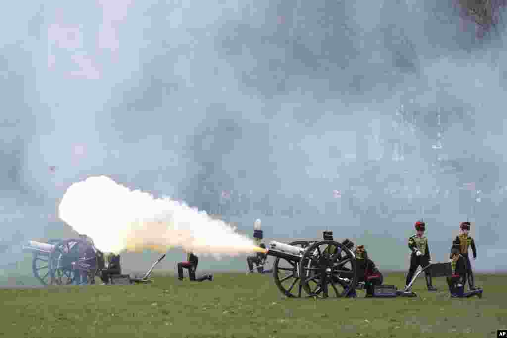 The King&#39;s Troop Royal Horse Artillery stage a 41-Gun Royal Salute to celebrate the 66th anniversary of Britain&#39;s Queen Elizabeth II&#39;s accession to the throne in London.