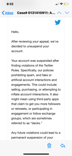 Screen grab of Twitter message that user @Shanazrx said she received Nov. 7, 2019.