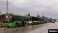 시리아 정부군이 탈환한 알레포 반군지역에서 14일 주민 등을 철수시키기 위한 정부측 버스가 줄지어 대기하고 있다. 