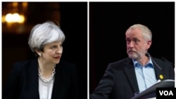 Jeremy Corbyn, chef du Parti travailliste britannique, et Theresa May, Première ministre et chef du parti conservateur.
