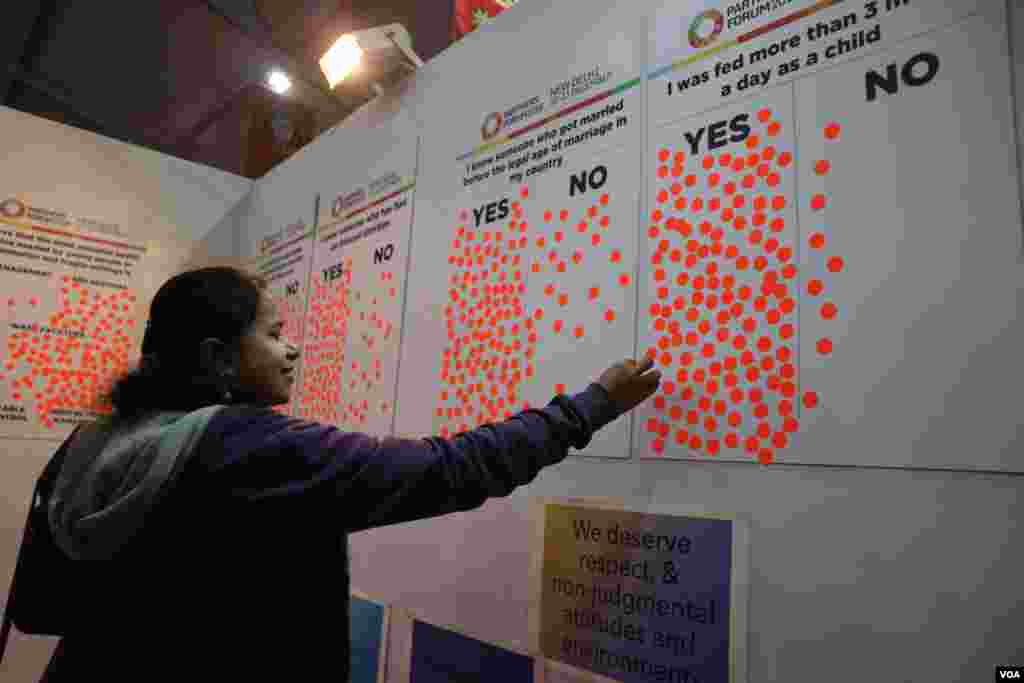 ស្រ្តី​អ្នកចូលរួម​ជាជនជាតិ​ឥណ្ឌាម្នាក់ ​កំពុង​​បិទ​ក្រដាសពណ៌បង្ហាញ​ពី​​បទ​ពិសោធន៍​ក្នុងការ​ទទួល​បាន​អាហារ​បី​ពេល​កាលពី​ពេល​នៅ​វ័យ​កុមារ ដែល​ប្រព្រឹត្ត​ទៅ​ក្នុង​ទីក្រុង​ញូវ​ដេលី ប្រទេស​ឥណ្ឌា នា​ថ្ងៃ​ទី​១២ ខែ​វិច្ឆិកា ឆ្នាំ២០១៨។ (កាន់⁠ វិច្ឆិកា/VOA)