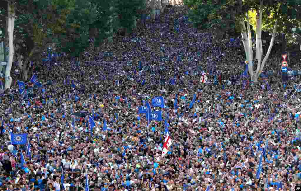 Supporters of the opposition Georgian Dream Coalition attend an election rally in Tbilisi September 29, 2012.