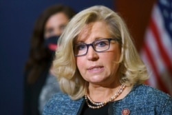 FILE - Rep. Liz Cheney, R-Wyo., the House Republican Conference chair, speaks with reporters following a GOP strategy session on Capitol Hill in Washington, April 20, 2021.