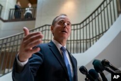 Rep. Adam Schiff, D-Calif., chairman of the House Intelligence Committee, speaks with reporters about a whistleblower complaint Thursday, Sept. 19, 2019, on Capitol Hill in Washington.