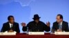 Nigeria President Goodluck Jonathan (C) answers questions with Cameroon President Paul Biya (L) and his French counterpart Francois Hollande during a press conference ending the "Paris Summit for Security in Nigeria," Paris, France, May 17, 2014.