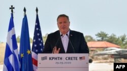 US Secretary of State Mike Pompeo addresses a press conferense during a visit to the Naval Support Activity base at Souda, the foremost US naval facility in the eastern Mediterranean on the Greek island of Crete. - US Secretary of State Mike Pompeo…