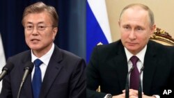 문재인 한국 대통령과 블라디미르 푸틴 러시아 대통령.