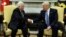 President Donald Trump shakes hands with with Palestinian leader Mahmoud Abbas during their meeting in the Oval Office of the White House, May 3, 2017, in Washington. 