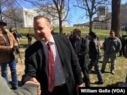 Virginia gubernatorial candidate Corey Stewart is using President Donald Trump as a model for his race to win the Republican Party nomination for governor of Virginia. He often hangs around long after events, like the “End Sanctuary Cities Rally” in Richmond Virginia in March, to talk to potential voters.