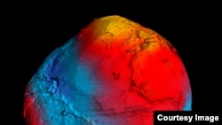 New geoid produced from GOCE data. The colors in the image represent deviations in height (–100 m to +100 m) from an ideal geoid. The blue shades represent low values and the reds/yellows represent high values. (© ESA/HPF/DLR)