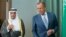 Russian Foreign Minister, Sergei Lavrov (R) and Saudi Arabia Foreign Minister, Adel bin Ahmed Al-Jubeir, arrive to attend a news conference after their meeting on the Syrian conflict, in Moscow, Russia, Aug. 11, 2015.