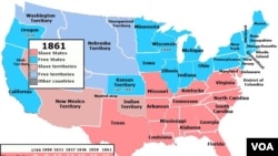 Vətəndaş Müharibəsi başlayan zaman ABŞ-ın xəritəsi – azad ştatlar mavi, quldarlığın olduğu ştatlar isə çəhrayı rəngdə əks olunur.