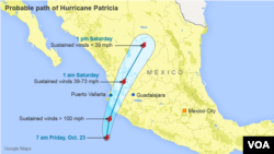 مسیر احتمالی توفان پاتریشیا در سواحل غربی مکزیک