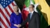 U.S. Secretary of State Hillary Rodham Clinton, left, and Burma President Thein Sein shake hands before a meeting at Le Meridien Hotel in Siem Reap, Cambodia, July 13, 2012.