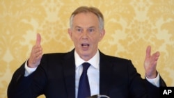 L'ex-Premier ministre britannique Tony Blair lors d'une conférence de presse à l'Admiralty House, Londres, réagissant au rapport d'enquête sur l'Irak, le mercredi 6 juillet 2016