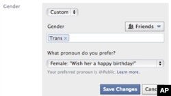 Screen shot yang dirilis Facebook menunjukkan pilihan baru untuk gender, yang memberikan 50 pilihan berbeda bagi pengguna untuk mengidentifikasi gender mereka, 13 Februari 2014.