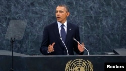 Presiden AS Barack Obama memberikan pidato di hadapan sidang Majelis Umum PBB di New York, hari Selasa (24/9). 