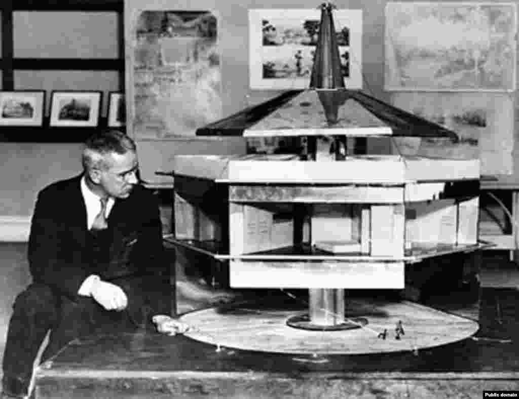Buckminster Fuller with model of Dymaxion House